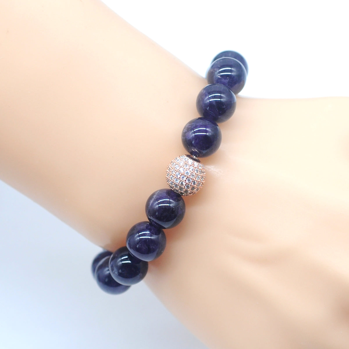 CGB206 Dark Amethyst With Zircon Ball Stretch Bracelet Round 10mm 12mm