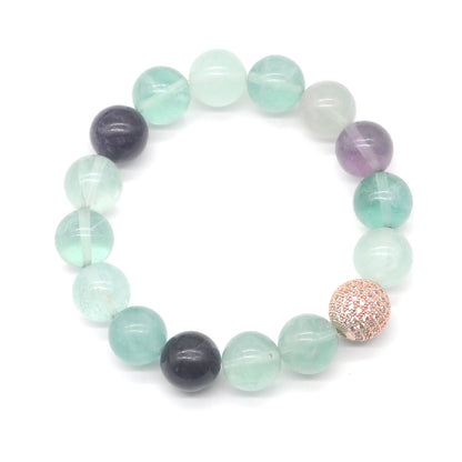 CGB212 Fluorite With Zircon Ball Stretch Bracelet Round 10mm 12mm