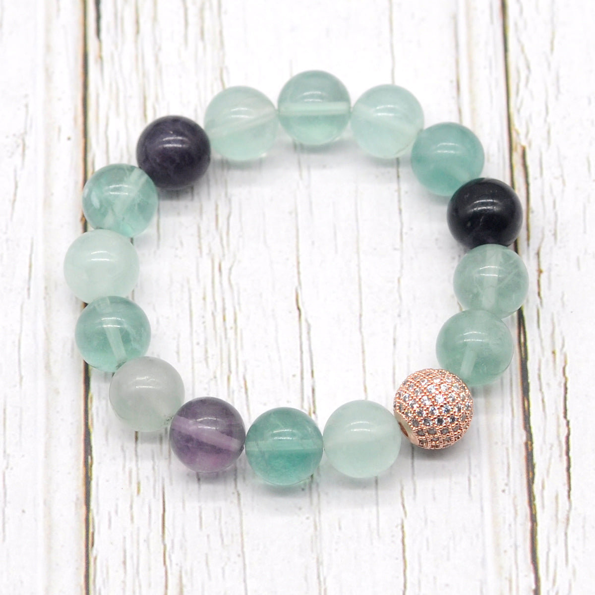 CGB212 Fluorite With Zircon Ball Stretch Bracelet Round 10mm 12mm