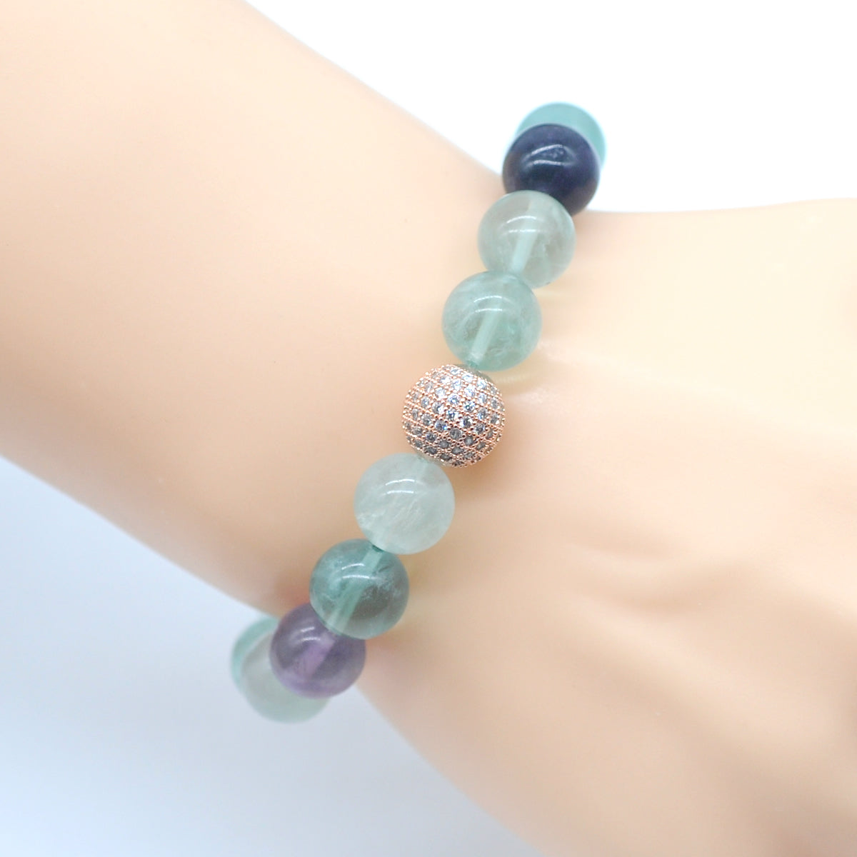 CGB212 Fluorite With Zircon Ball Stretch Bracelet Round 10mm 12mm