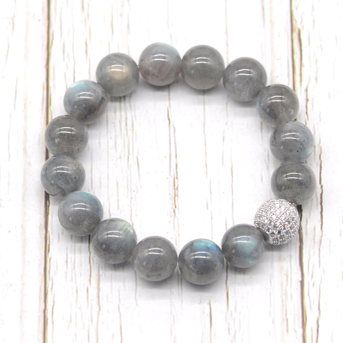 CGB216 Labradorite With Zircon Ball Stretch Bracelet Round 10mm 12mm