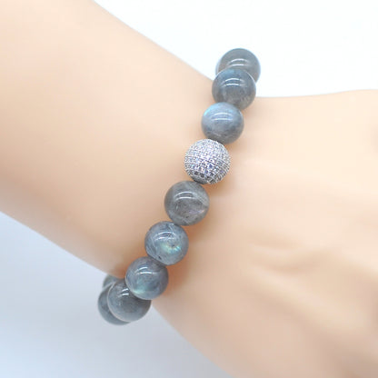 CGB216 Labradorite With Zircon Ball Stretch Bracelet Round 10mm 12mm