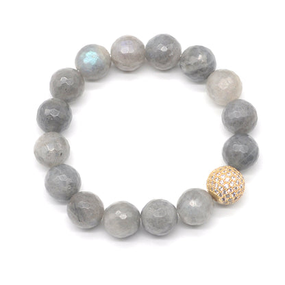 CGB217 Labradorite With Zircon Ball Stretch Bracelet Faceted Round 10mm 12mm