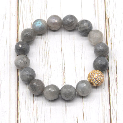 CGB217 Labradorite With Zircon Ball Stretch Bracelet Faceted Round 10mm 12mm