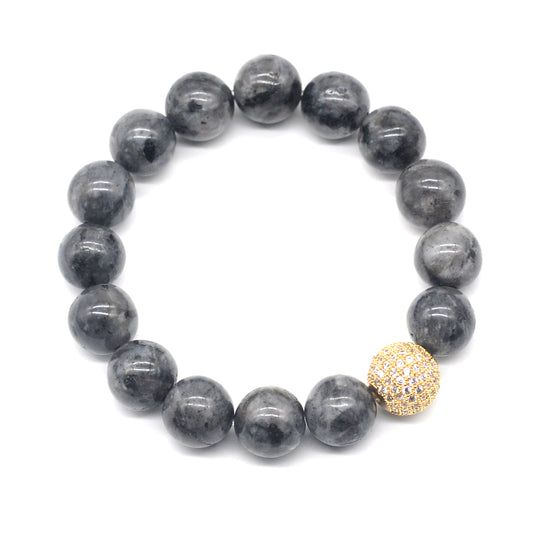 CGB218 Black Labradorite With Zircon Ball Stretch Bracelet Round 10mm 12mm