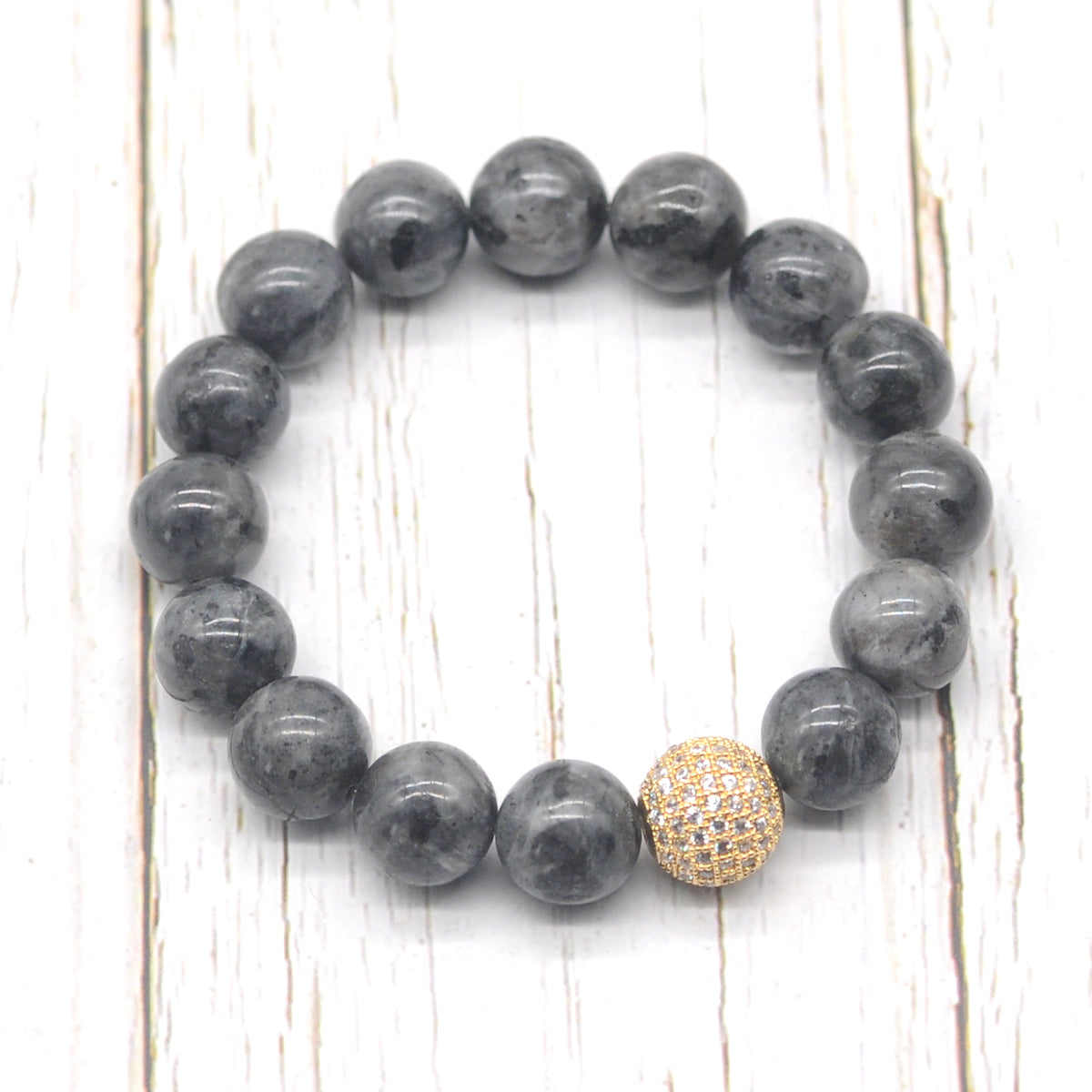 CGB218 Black Labradorite With Zircon Ball Stretch Bracelet Round 10mm 12mm