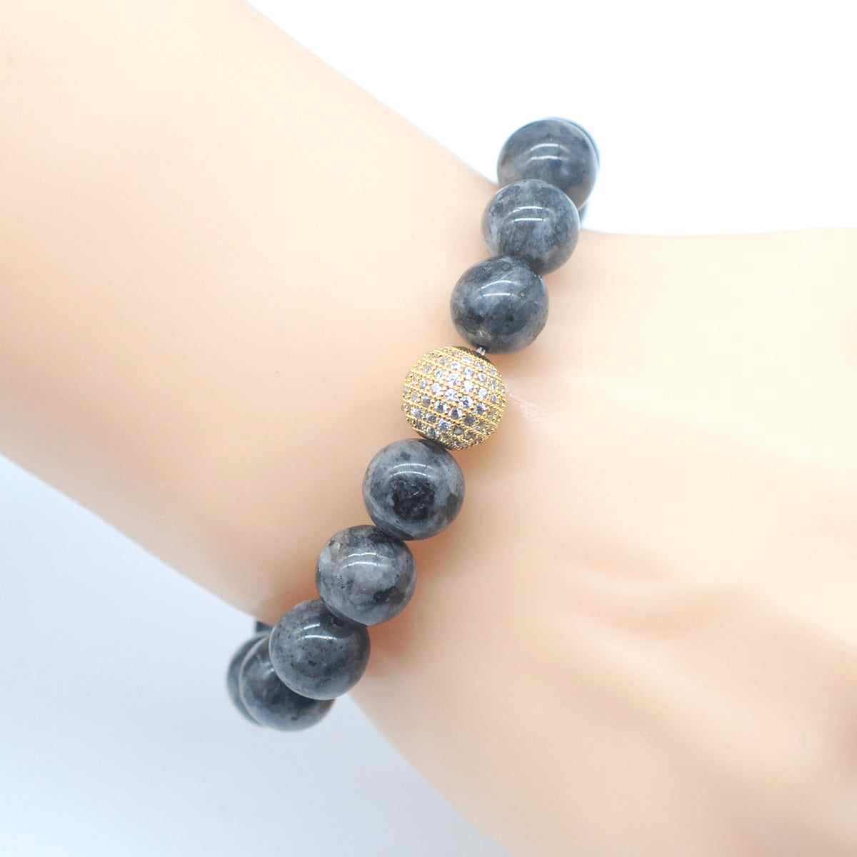 CGB218 Black Labradorite With Zircon Ball Stretch Bracelet Round 10mm 12mm