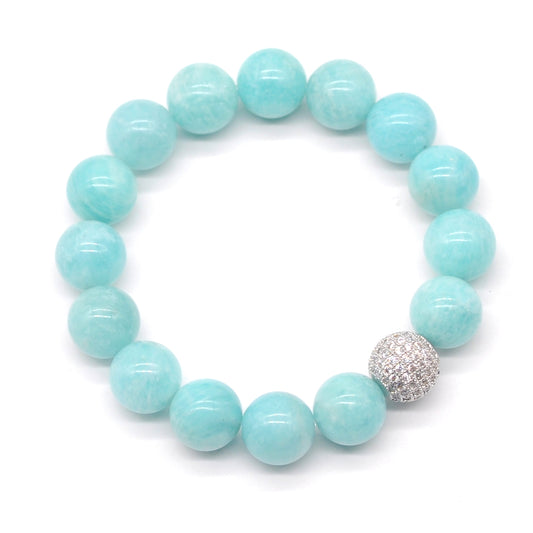 CGB219 Amazonite With Zircon Ball Stretch Bracelet Round 10mm 12mm