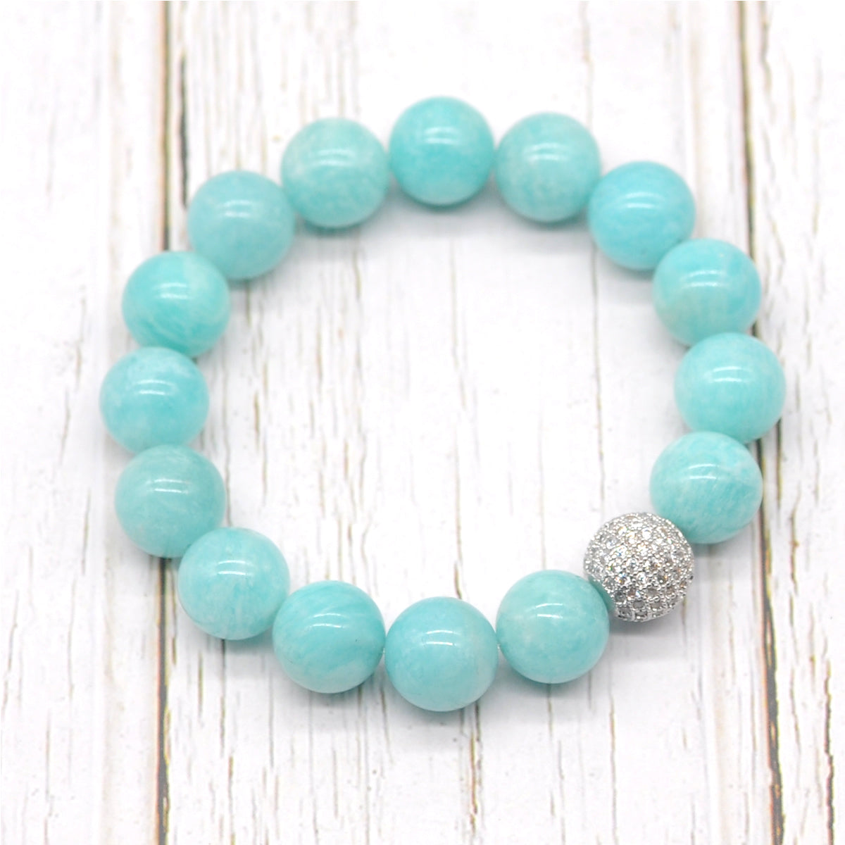 CGB219 Amazonite With Zircon Ball Stretch Bracelet Round 10mm 12mm