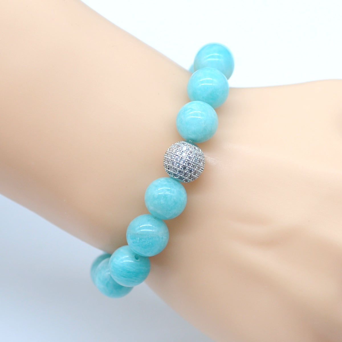 CGB219 Amazonite With Zircon Ball Stretch Bracelet Round 10mm 12mm