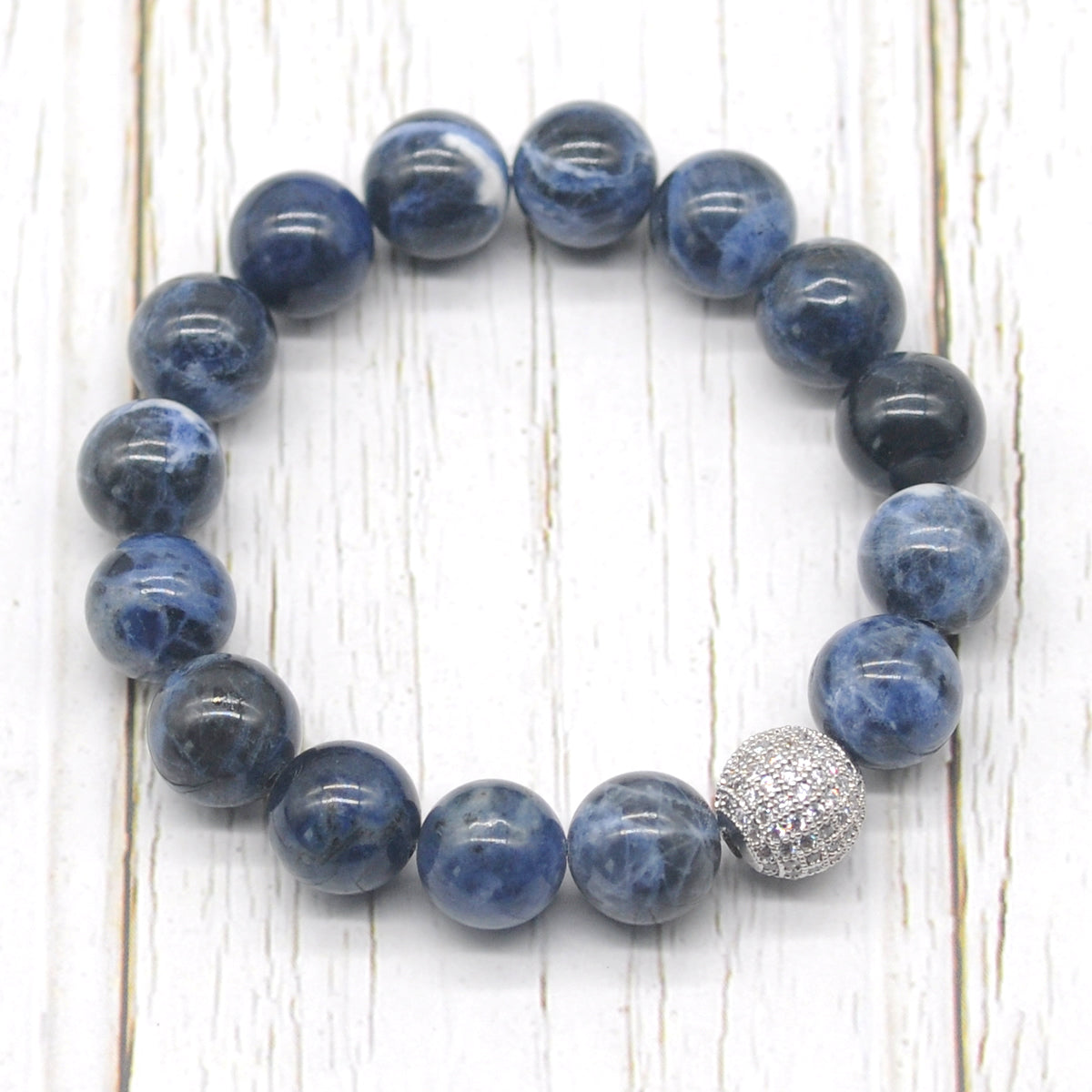 CGB221 Sodalite With Zircon Ball Stretch Bracelet Round 10mm 12mm