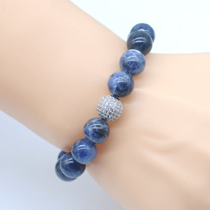 CGB221 Sodalite With Zircon Ball Stretch Bracelet Round 10mm 12mm