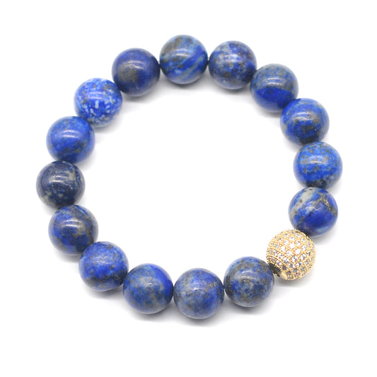 CGB222 Lapis Lazuli With Zircon Ball Stretch Bracelet Round 10mm 12mm