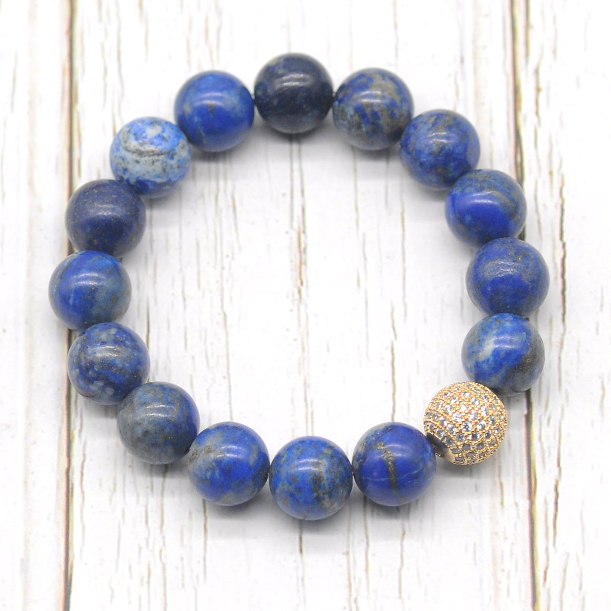 CGB222 Lapis Lazuli With Zircon Ball Stretch Bracelet Round 10mm 12mm