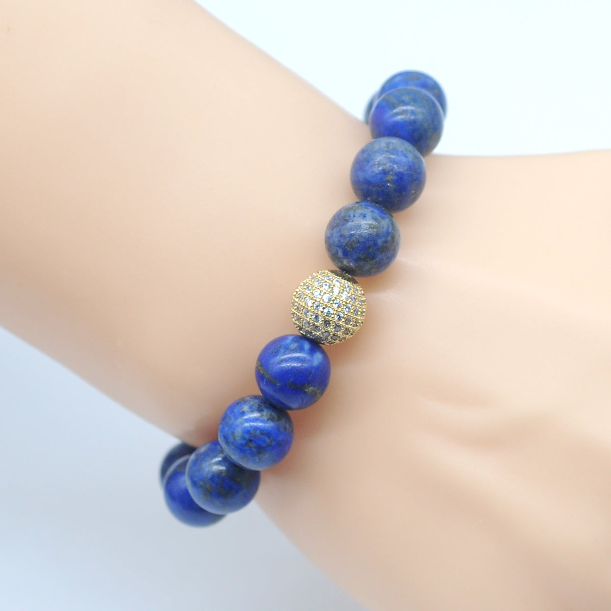 CGB222 Lapis Lazuli With Zircon Ball Stretch Bracelet Round 10mm 12mm