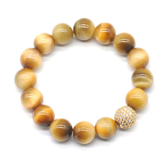 CGB225 Golden Tiger Eye With Zircon Ball Stretch Bracelet Round 10mm 12mm