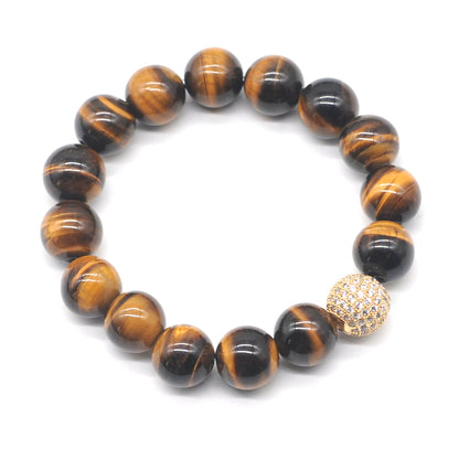 CGB226 Yellow Tiger Eye With Zircon Ball Stretch Bracelet Round 10mm 12mm