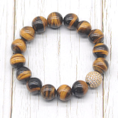 CGB226 Yellow Tiger Eye With Zircon Ball Stretch Bracelet Round 10mm 12mm