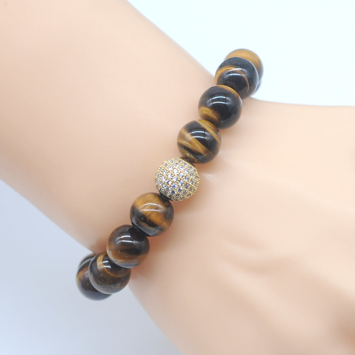 CGB226 Yellow Tiger Eye With Zircon Ball Stretch Bracelet Round 10mm 12mm