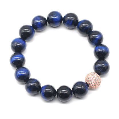 CGB229 Blue Tiger Eye With Zircon Ball Stretch Bracelet Round 10mm 12mm