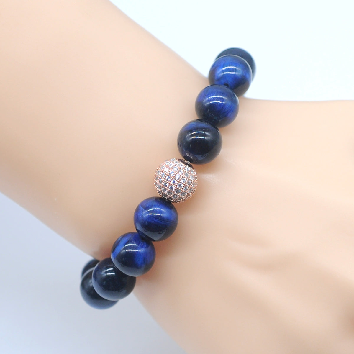 CGB229 Blue Tiger Eye With Zircon Ball Stretch Bracelet Round 10mm 12mm