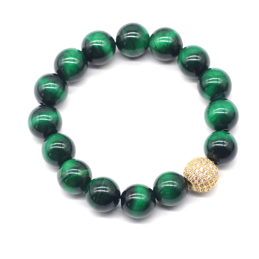 CGB230 Green Tiger Eye With Zircon Ball Stretch Bracelet Round 10mm 12mm