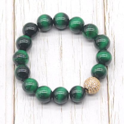 CGB230 Green Tiger Eye With Zircon Ball Stretch Bracelet Round 10mm 12mm