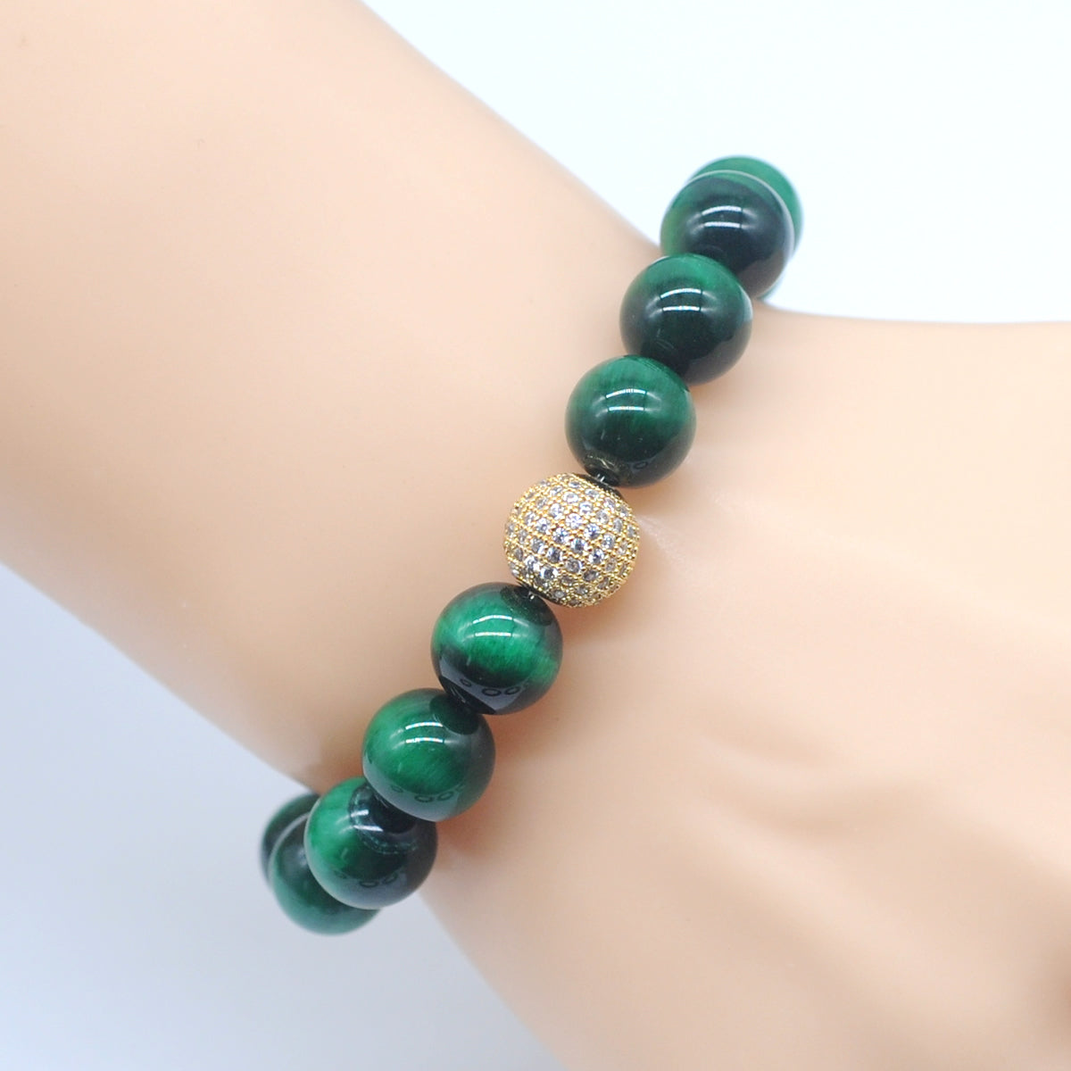 CGB230 Green Tiger Eye With Zircon Ball Stretch Bracelet Round 10mm 12mm