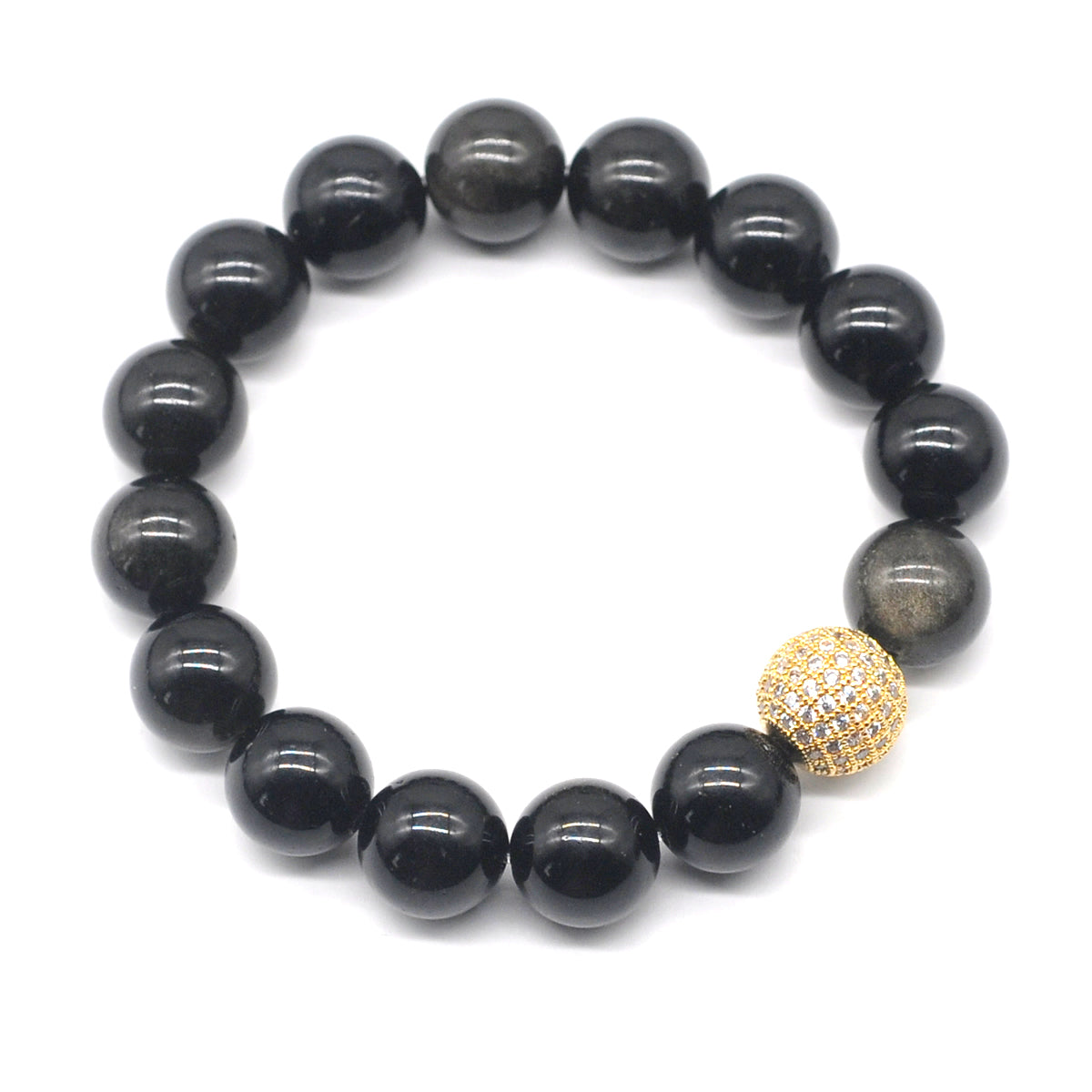 CGB232 Black Obsidian With Zircon Ball Stretch Bracelet Round 10mm 12mm