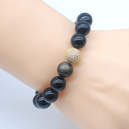 CGB232 Black Obsidian With Zircon Ball Stretch Bracelet Round 10mm 12mm