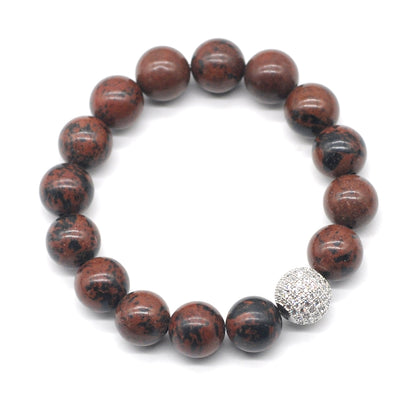 CGB233 Mahogany Obsidian With Zircon Ball Stretch Bracelet Round 10mm 12mm