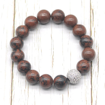 CGB233 Mahogany Obsidian With Zircon Ball Stretch Bracelet Round 10mm 12mm