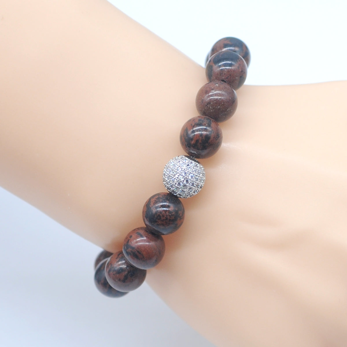 CGB233 Mahogany Obsidian With Zircon Ball Stretch Bracelet Round 10mm 12mm