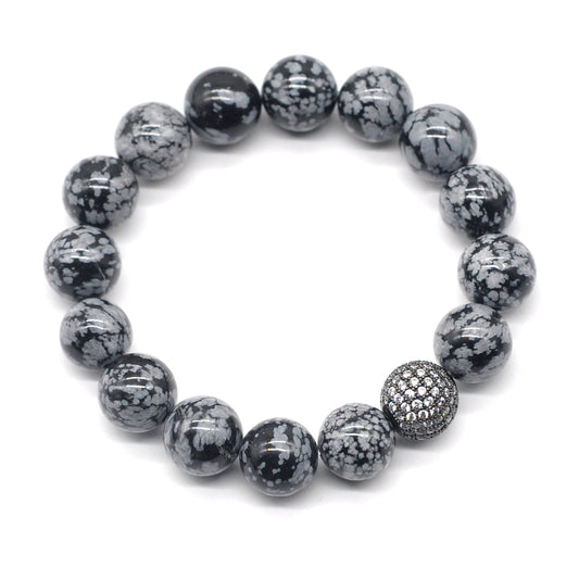 CGB234 Snowflake Obsidian With Zircon Ball Stretch Bracelet Round 10mm 12mm