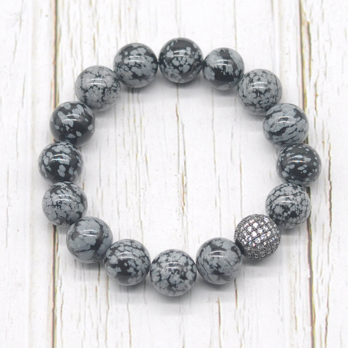 CGB234 Snowflake Obsidian With Zircon Ball Stretch Bracelet Round 10mm 12mm