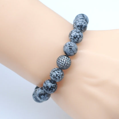 CGB234 Snowflake Obsidian With Zircon Ball Stretch Bracelet Round 10mm 12mm