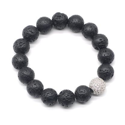 CGB235 Black Lava With Zircon Ball Stretch Bracelet Round 10mm 12mm