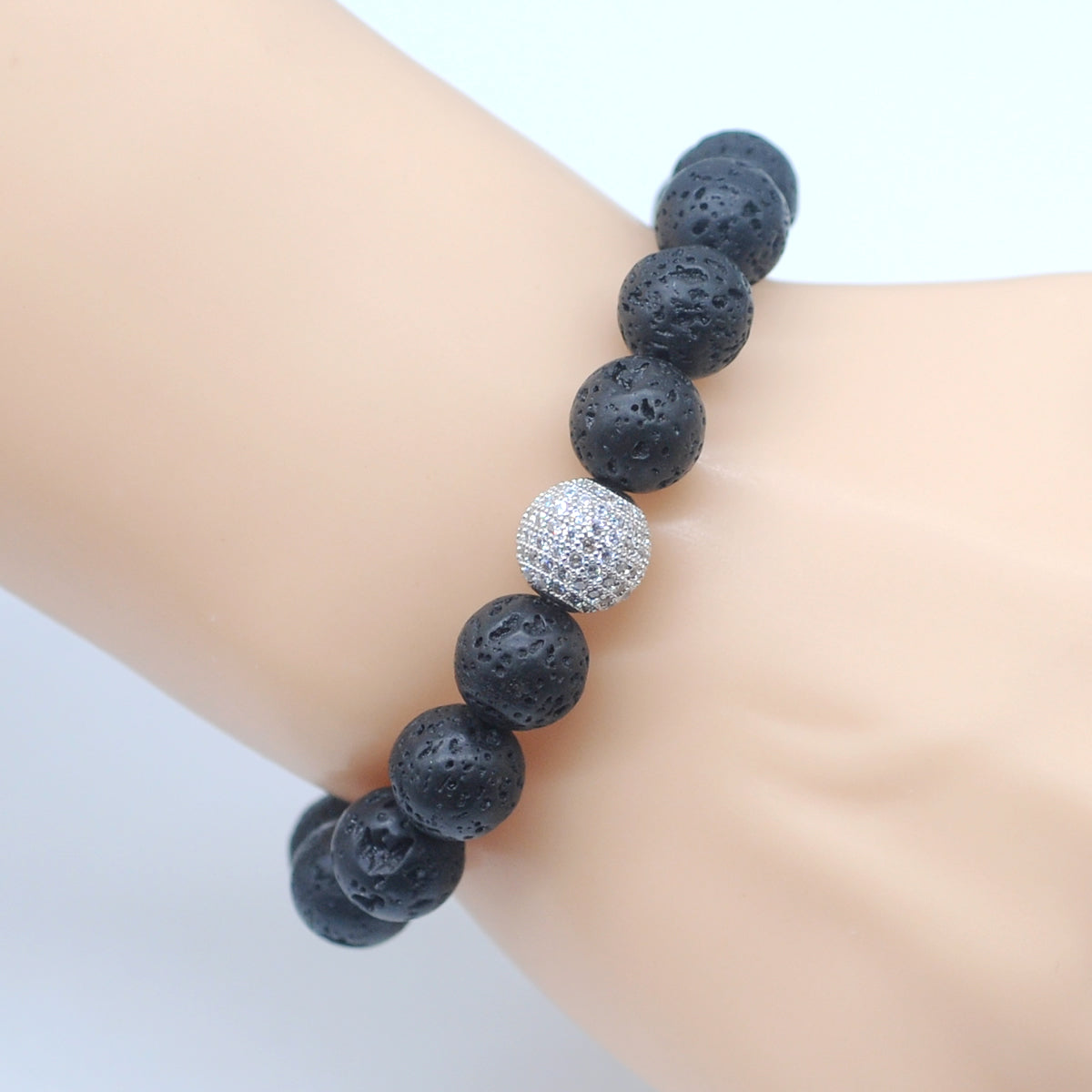 CGB235 Black Lava With Zircon Ball Stretch Bracelet Round 10mm 12mm