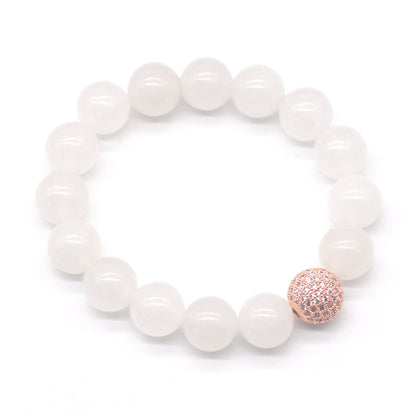 CGB236 White Jade With Zircon Ball Stretch Bracelet Round 10mm 12mm