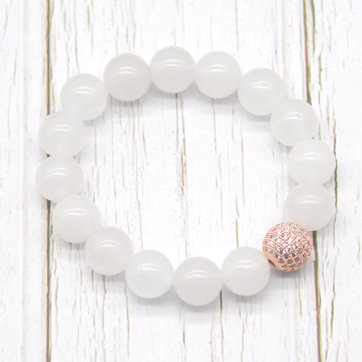 CGB236 White Jade With Zircon Ball Stretch Bracelet Round 10mm 12mm