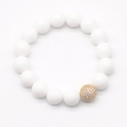 CGB237 White Candy Jade With Zircon Ball Stretch Bracelet Round 10mm 12mm