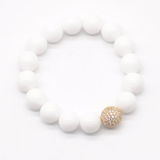 CGB237 White Candy Jade With Zircon Ball Stretch Bracelet Round 10mm 12mm