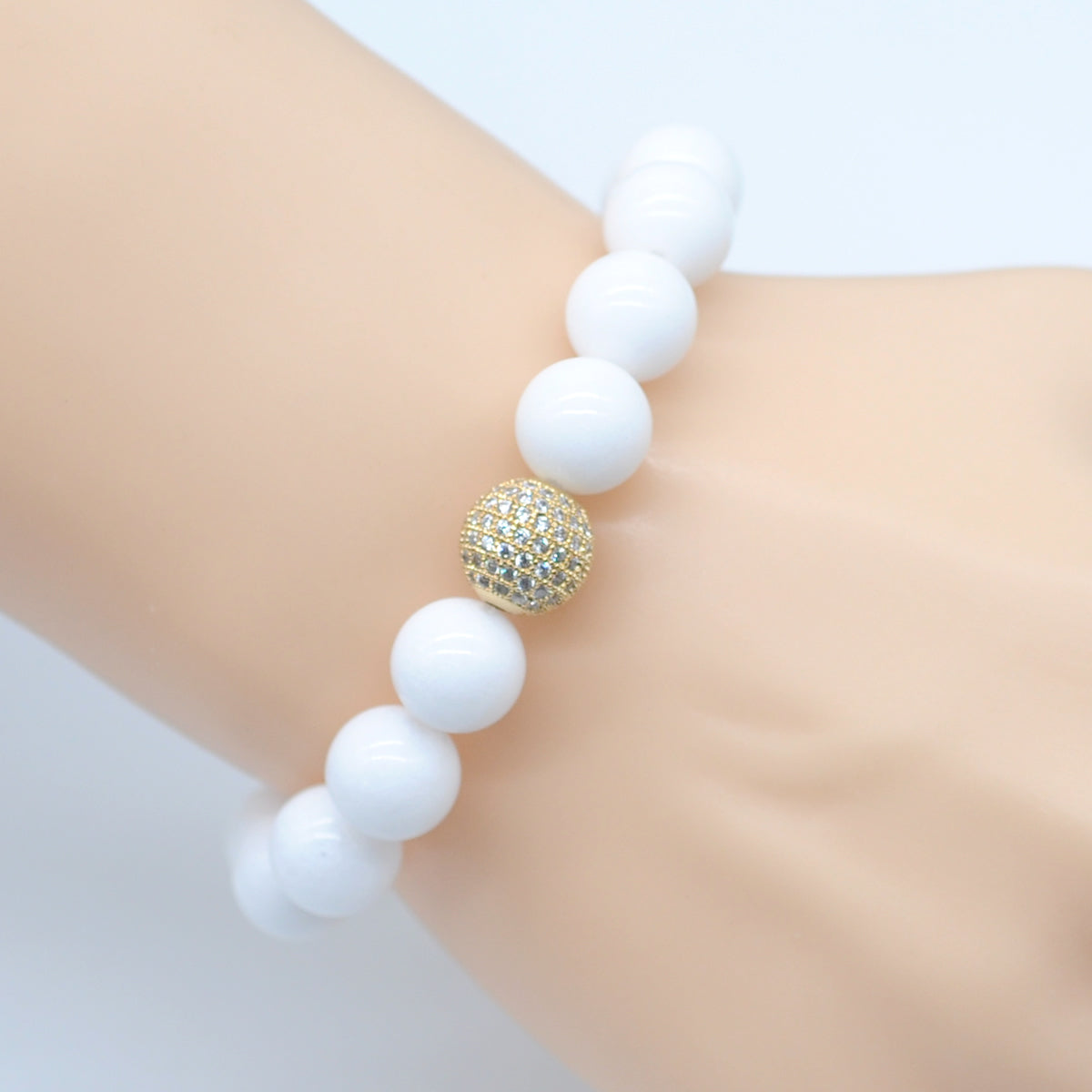 CGB237 White Candy Jade With Zircon Ball Stretch Bracelet Round 10mm 12mm