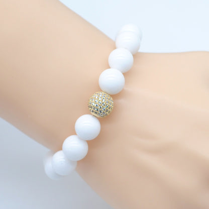 CGB237 White Candy Jade With Zircon Ball Stretch Bracelet Round 10mm 12mm