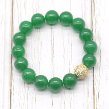 CGB238 Green Candy Jade With Zircon Ball Stretch Bracelet Round 10mm 12mm