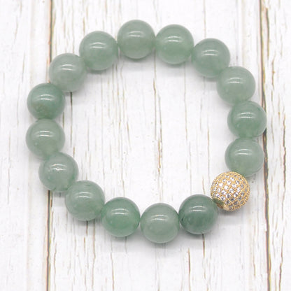 CGB239 Green Aventurine Jade With Zircon Ball Stretch Bracelet Round 10mm 12mm