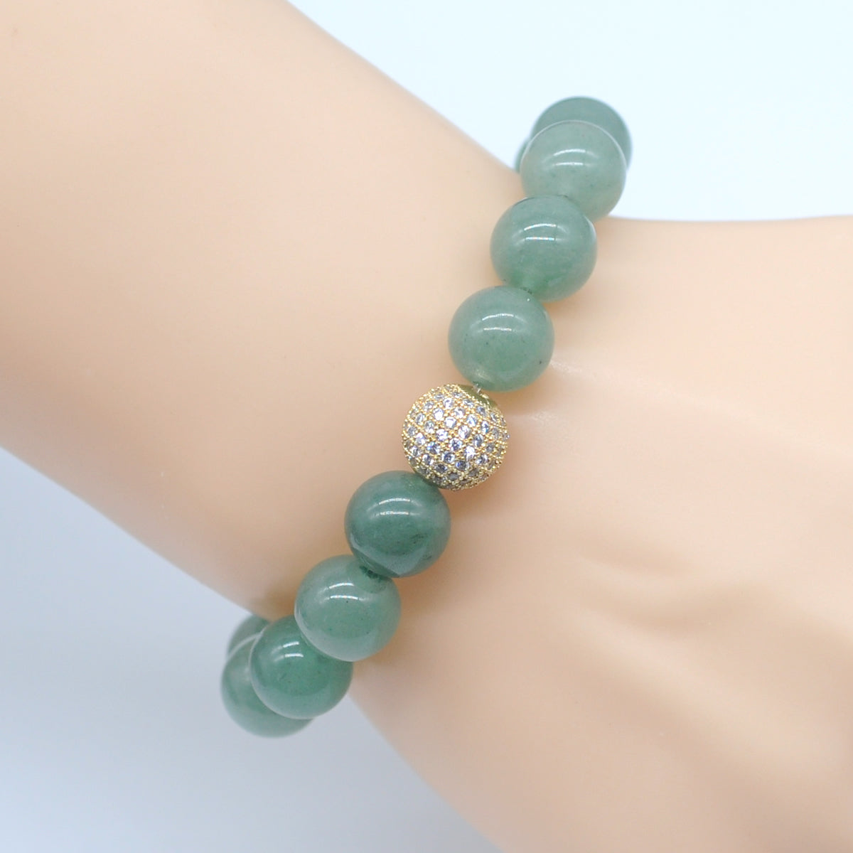 CGB239 Green Aventurine Jade With Zircon Ball Stretch Bracelet Round 10mm 12mm