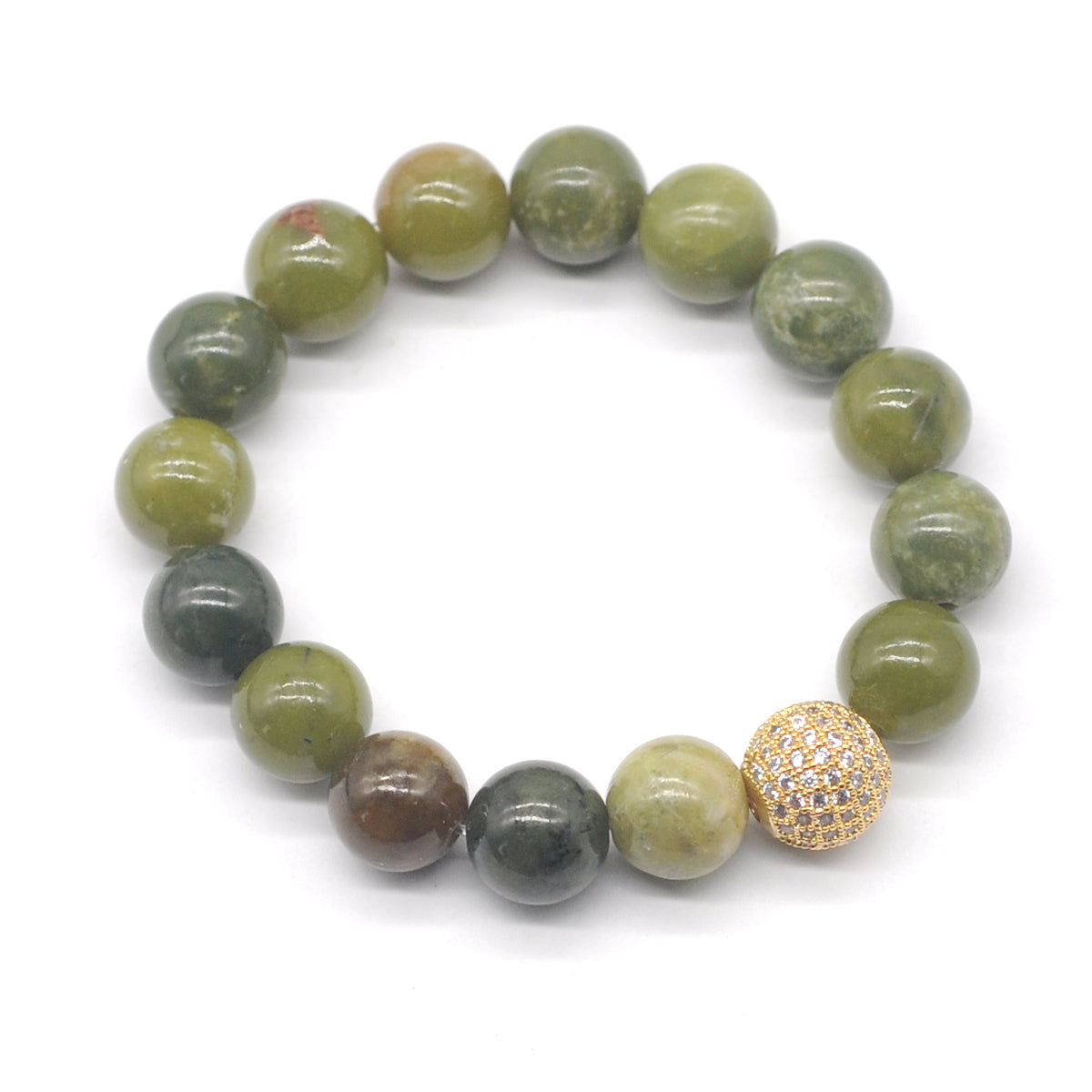 CGB240 Canadian Jade With Zircon Ball Stretch Bracelet Round 10mm 12mm