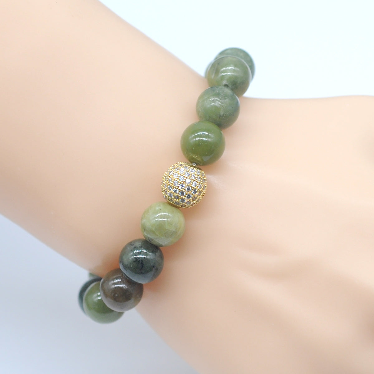 CGB240 Canadian Jade With Zircon Ball Stretch Bracelet Round 10mm 12mm