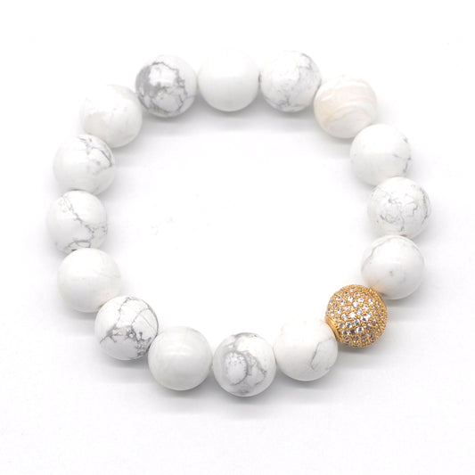 CGB243 White Howlite With Zircon Ball Stretch Bracelet Round 10mm 12mm